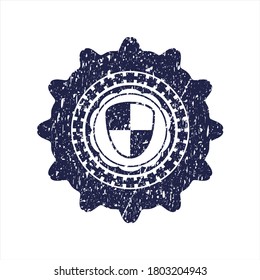 Escudo azul, icono de seguridad dentro del precinto de goma con problemas. 