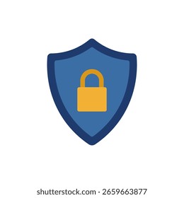Escudo de seguridad azul con icono de cerradura de oro. Ilustración vectorial.