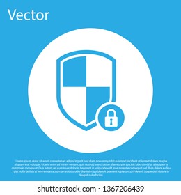 Blue Shield security with lock icon isolated on blue background. Protection, safety, password security. Firewall access privacy sign. White circle button. Vector Illustration