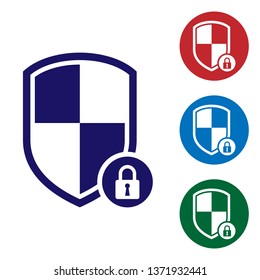 Blue Shield security with lock icon isolated on white background. Protection, safety, password security. Firewall access privacy sign. Set color icon in circle buttons. Vector Illustration