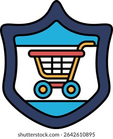 A blue shield with a shopping cart on it. The cart is red, yellow and blue