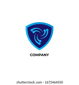 Blue Shield sign illustration with vortex icon inside. Logo Design Template. DIsaster Guard Logo Concept isolated on white background