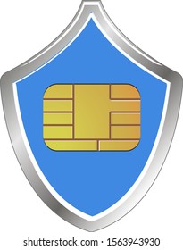 Blue shield with a sim card code image. Mobile operator data protection.