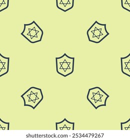 Blue Shield with Star of David icon isolated seamless pattern on yellow background. Jewish religion symbol. Symbol of Israel.  Vector