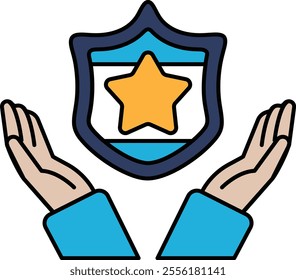 A blue shield with a star on it and two hands holding it. The shield is meant to represent protection and the hands are meant to represent care and support