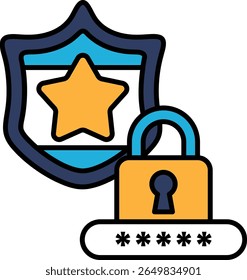 A blue shield with a star on it and a yellow lock. The shield is a symbol of protection and the lock is a symbol of security