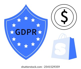 Escudo azul com estrelas rotuladas GDPR, um símbolo de dólar em um círculo e um saco de compras com um S branco nele. Ideal para privacidade de dados, segurança on-line, comércio eletrônico, finanças e temas de conformidade legal