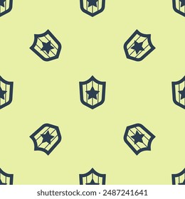 Blue Shield with stars and stripes icon isolated seamless pattern on yellow background. United States of America country flag. 4th of July. USA Independence day.  Vector
