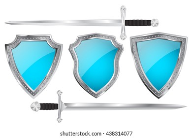 Blue shield with swords. Vector illustration isolated on white background