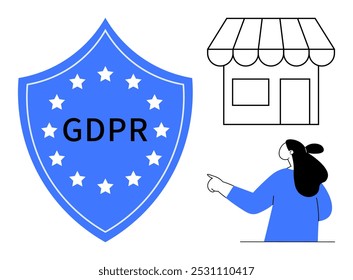 Escudo azul com texto GDPR cercado por estrelas ao lado de um ícone de loja preto e branco e uma mulher apontando. Ideal para conformidade com o RGPD, proteção de dados, empresas de varejo, segurança digital, privacidade