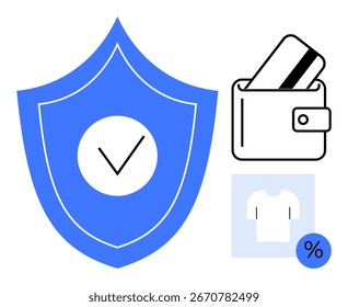 Blue shield with tick mark, wallet with a credit card, t-shirt icon with percentage sign. Ideal for online security, digital payments, e-commerce, mobile purchases, retail, discounts shopping apps