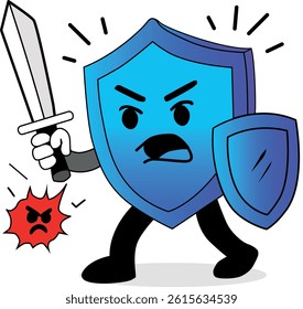 blue shield vector holding a sword and there are some viruses near it as if the shield is fighting the viruses