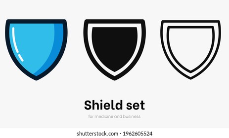 Blue shield vector icon set isolated on white background in flat style. Defence, privacy and safety from virus colorful icon collection, protection flat symbol for ui and website. Vector guard shield 