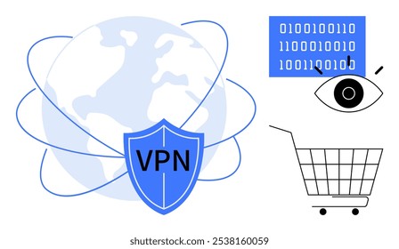 Blue shield with VPN text in front of a globe, eye with binary code, and shopping cart outline. Ideal for online security, data protection, internet privacy, e-commerce safety, VPN services. Flat