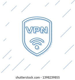 Blue Shield with VPN and wifi wireless internet network symbol line icon isolated on white background. VPN protect safety concept. Vector Illustration