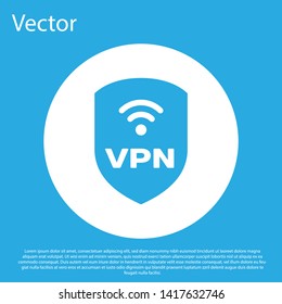 Blue Shield with VPN and wifi wireless internet network symbol icon isolated on blue background. VPN protect safety concept. White circle button. Vector Illustration