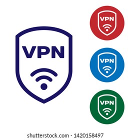Blue Shield with VPN and wifi wireless internet network symbol icon isolated on white background. VPN protect safety concept. Set color icon in circle buttons. Vector Illustration
