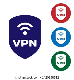 Blue Shield with VPN and wifi wireless internet network symbol icon isolated on white background. VPN protect safety concept. Set color icon in circle buttons. Vector Illustration