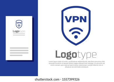 Blue Shield with VPN and wifi wireless internet network symbol icon isolated on white background. VPN protect safety concept. Logo design template element. Vector Illustration