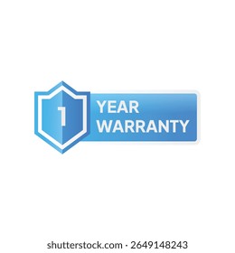 A blue shield with a white "1" sits beside a blue rectangle stating "YEAR WARRANTY," all against a clean, bright, white background.
