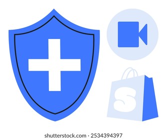 Blauer Schild mit weißem Kreuz, Kamerasymbol im Kreis und Einkaufstasche. Ideal für Sicherheit, Gesundheitswesen, Videokommunikation, Einzelhandel und Technologie. Minimaler Vektorstil