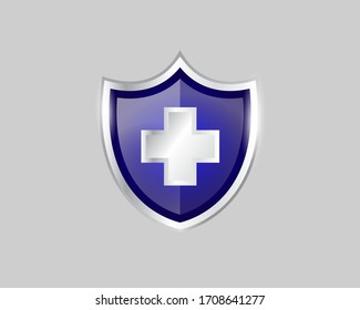 Blue shield with white cross security health care and medical protection sign symbol. Protected steel guard shield concept Vector illustration.