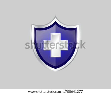 Blue shield with white cross security health care and medical protection sign symbol. Protected steel guard shield concept Vector illustration.