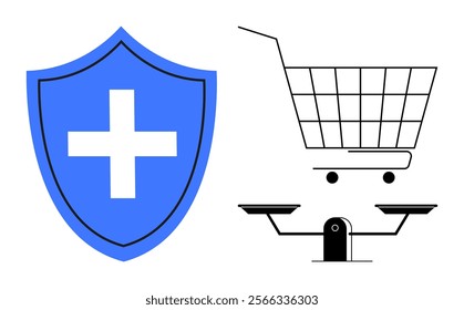 Blue shield with white cross, shopping cart, and balanced scales. Ideal for healthcare, security, online shopping, balance, fairness, and consumer protection. Simple vector style with blue and black