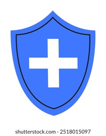 Un escudo azul con una cruz blanca que simboliza la protección y la salud. Ideal para servicios médicos, protección, salud, seguridad, protección. Estilo sencillo y limpio.