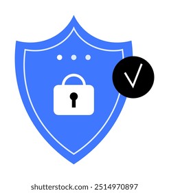 Blue shield with white lock and black checkmark. Ideal for cyber security, privacy, data protection, safe browsing, online security. Flat design style.