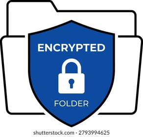 A blue shield with a white lock and the words 'ENCRYPTED FOLDER' in white text on a white background with a black outline of a folder