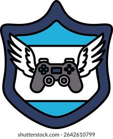 A blue shield with white wings and a Playstation controller on it