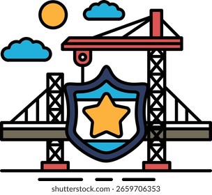 A blue shield with a yellow star on it is being built over a bridge. The shield is meant to represent protection and security
