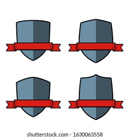Blue shields set with red ribbons. Protection emblems. Security symbols