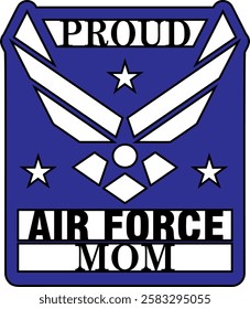 Blue shield-shaped design featuring stylized wings and a star at the center. The words "PROUD," "AIR FORCE," and "MOM" are prominently displayed in bold, black letters in white sections. Smaller stars