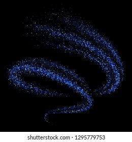 Blue shimmering swirl, vortex or spiral. Isolated abstract motion on black background. Glittering star dust trail. Magic sparkling lines