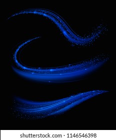 Blue shimmering waves with light effect isolated on black background. Glittering star dust trail. Abstract motion. Magic swirl lines