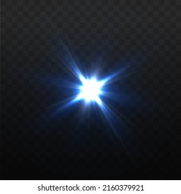 Blue shine gradient glitter, white bright flare. Glare texture. Glowing light effect stars bursts with sparkles. Glitter magical star sparks on transparent background. Xmas lights. Vector