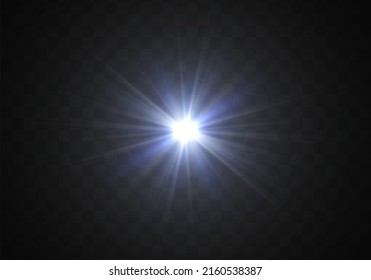 Deslumbrador degradado de brillo azul, brillo blanco. Textura de vidrio. Las estrellas de efecto luminoso brillan con destellos. Una estrella mágica brillante choca con un fondo transparente. Luces de Navidad. Vector