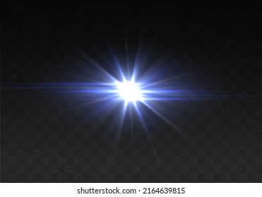 Blue shine gradient glitter, white bright flare. Glare texture. Glowing light effect stars bursts with sparkles. Glitter magical star sparks on transparent background. Xmas lights. Vector