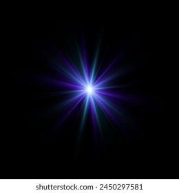 Blue shine gradient glitter, white bright flare. Glare texture. Glowing light effect stars bursts with sparkles. Glitter magical sun sparks on transparent background. Xmas lights. Vector