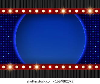 Blue shine mosaic background with round banner and black curtain. Design for presentation, concert, show. Vector illustrationn