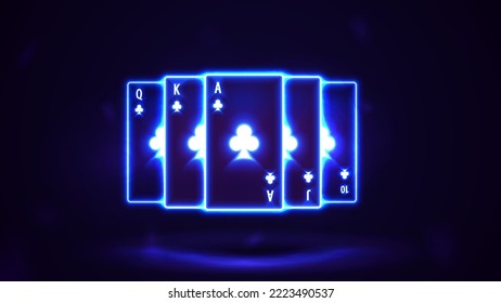 Blue shine neon casino playing cards in dark empty scene, poster for your arts