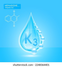 Azul brillo vitamina K3 caída de agua con burbuja de oxígeno alrededor. Cuidado de la piel de belleza menadione. Para el diseño de productos médicos, alimentarios y farmacéuticos. Vector Realista 3D.