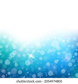 Fondo azul brillante con copos de nieve. Ilustración del vector