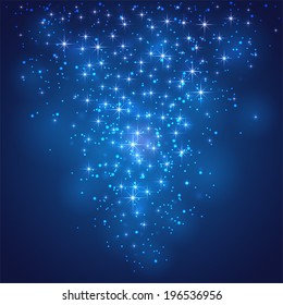 Blue shining background with stars and blurry lights, illustration.