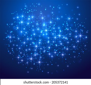 Blue shining background with stars and blurry lights, illustration.