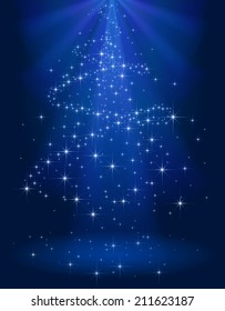 Blue shining background with stars in the form of Christmas tree, illustration.