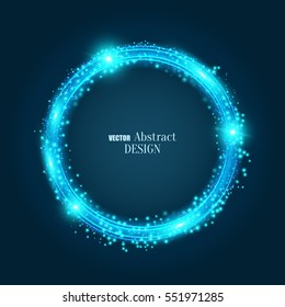 The blue shining banner. The sparkling circular lines with spangles and bright particles. Design template. Abstract background. Vector illustration