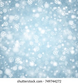 Blue shining bokeh winter background with snowflakes. Vector illustration.